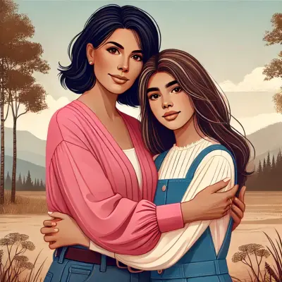 Illustration of a mother and daughter embracing outdoors. The mother has short dark hair and is wearing a pink sweater, while the daughter has long brown hair and is wearing a white top with blue overalls. The background features a serene landscape with trees, hills, and a partly cloudy sky.