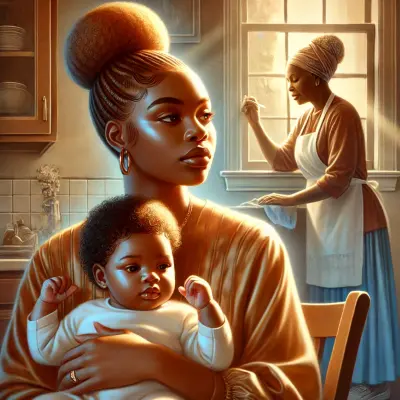 A serene and elegant illustration of a mother cradling her baby. The figures are stylized with smooth lines and soft colors, creating a calming and tender scene. The mother is depicted with her eyes closed, conveying a sense of peace and affection, while the baby rests comfortably in her arms. The background features gentle, muted tones, enhancing the overall warmth and intimacy of the image.