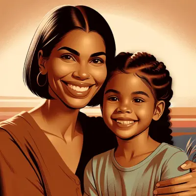 A stylized illustration of a smiling mother and her young daughter embracing each other. The mother, with a short bob haircut, wears a warm-toned blouse, while the daughter, with neatly braided hair, smiles brightly in a light blue shirt. The background features soft, warm hues, symbolizing their deep connection, warmth, and affection