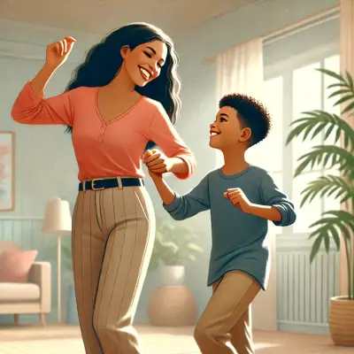 A joyful mother and her child dance together in a warmly lit living room, smiling and holding hands. The mother wears a coral shirt and light-striped pants, while the child wears a light blue shirt and tan pants. The room is filled with soft natural light streaming through large windows, with plants and cozy decor in the background, capturing a moment of love and connection between them.