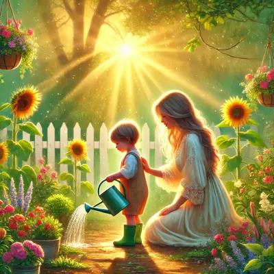 An illustration of a mother and child tending to a vibrant garden. The child, wearing green rain boots, carefully attempts to water a plant with a small watering can, getting the water on the ground instead, while the mother kneels beside him, gently guiding him. The garden is filled with colorful flowers, including sunflowers and hanging baskets, under a glowing golden sunbeam. A white picket fence and lush greenery create a serene, nurturing atmosphere, symbolizing growth, care, and love.