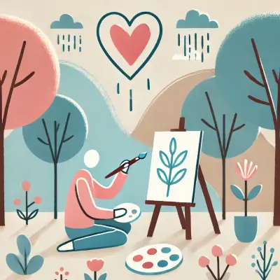 An abstract illustration of a figure painting a plant on a canvas in a serene outdoor setting. The figure is surrounded by trees in shades of pink and blue, with rain clouds and a heart symbol above, suggesting the nurturing and creative aspects of love