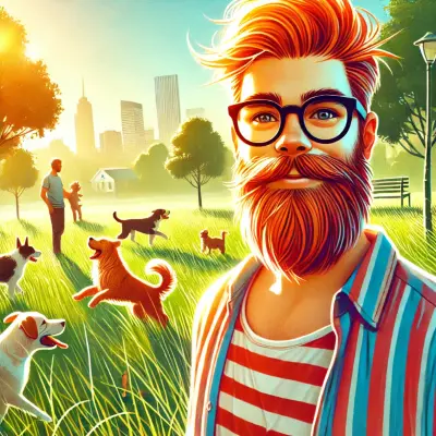 A vibrant illustration of a bearded man with reddish-blonde hair, glasses, and a striped shirt standing in a sunlit park. In the background, several dogs play joyfully in the grass while people walk nearby. The scene is illuminated by warm sunlight, with a city skyline visible in the distance, creating a joyful and serene atmosphere.