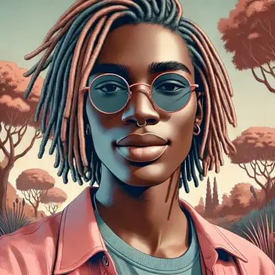 A stylish individual with medium-length locs in shades of pink and blue, wearing round sunglasses and a pink shirt. The background features a serene outdoor setting with trees and soft lighting, creating a calm and confident atmosphere. 