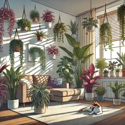 A sunlit living room filled with a variety of lush, thriving potted plants, both hanging and standing, surrounding a cozy armchair. A cat sits playfully on the rug, basking in the warm light streaming through a large window with blinds, creating a tranquil and vibrant indoor garden atmosphere.