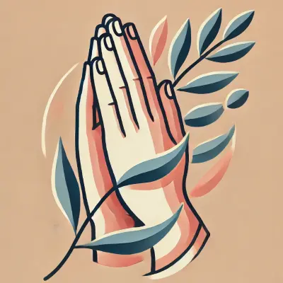 Illustration of two hands pressed together in prayer, with a soft beige background. Leaves intertwine gently around the hands, featuring shades of green and pink.