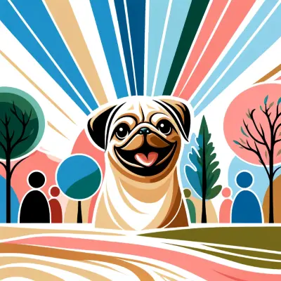 A stylized illustration of a joyful pug with a happy expression, surrounded by colorful abstract trees and shapes. The background features vibrant rays of light in shades of blue, pink, green, and tan, creating a lively and cheerful atmosphere. The overall image conveys a sense of happiness, playfulness, and love for the pug.