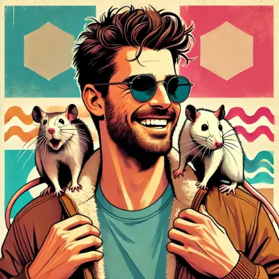 A vibrant illustration of a smiling man with tousled hair and sunglasses, wearing a brown jacket. He has two pet rats perched on his shoulders, both looking content. The background features geometric shapes and abstract designs in shades of pink and blue, adding a modern feel to the joyful scene.