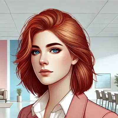 Illustration of a woman with shoulder-length red hair and striking blue eyes. She is wearing a white blouse and a pink blazer, standing in a modern, brightly lit office environment.