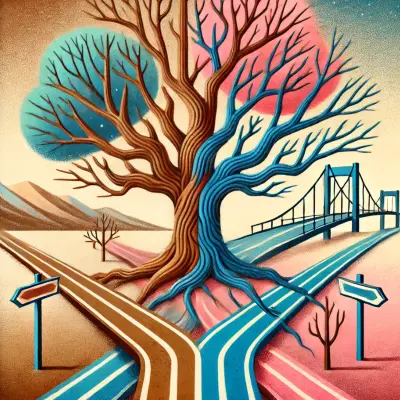 
              A stylized and surrealistic illustration of a large, bare tree with branches growing in multiple directions. The tree stands at the center of a landscape where two roads fork in different directions, symbolizing choices and paths in life. One road leads to a bridge, representing new opportunities and directions. The background features shades of pink, blue, and tan, creating a vibrant yet thoughtful atmosphere. The image symbolizes the concept of 