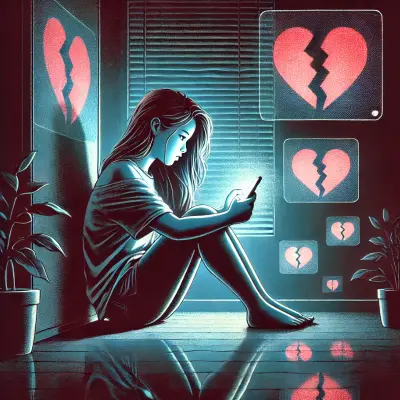 A stylized illustration of a young woman sitting alone on the floor in a dimly lit room, holding her phone and looking contemplative. Heartbroken emojis and images are projected on the walls and floor, surrounding her, symbolizing the pain of heartbreak and the impact of digital connections. Soft blue and pink lighting creates a somber atmosphere, with houseplants nearby adding a subtle touch of life to the otherwise melancholy scene.