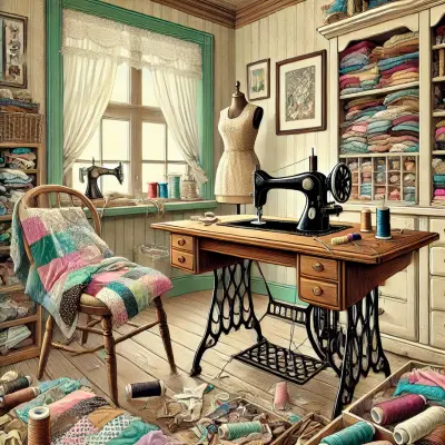 An old-fashioned sewing room filled with vibrant fabric, spools of thread, and sewing tools. A vintage sewing machine sits on a wooden table with a dress form nearby, while colorful quilts and fabric rolls are neatly stacked on shelves. Sunlight streams through a window with lace curtains, creating a warm and nostalgic atmosphere.