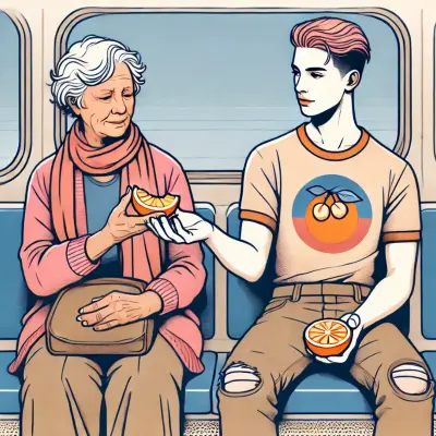 An illustration of a young person sharing an orange slice with an older woman on a train. Both are seated on  blue train seats, with the young person wearing a T-shirt featuring an orange design. The scene symbolizes kindness and intergenerational connection.