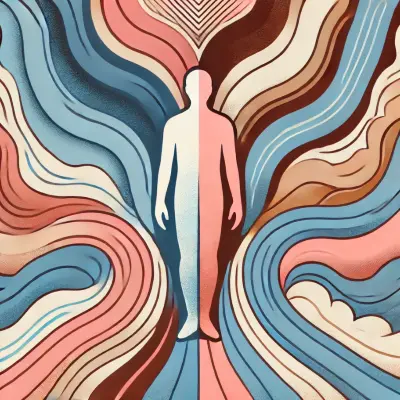 An abstract illustration of a human figure standing in the center, with swirling patterns in shades of pink, blue, tan, and brown radiating around them, symbolizing inner conflict and personal growth.