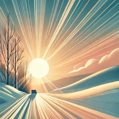 A serene and elegant illustration of a winter landscape with a bright, radiant sun rising or setting on the horizon. The sun's rays stretch across the sky, illuminating the snow-covered hills and a lone path that leads into the distance. Bare trees stand on one side of the path, adding to the tranquil and peaceful atmosphere of the scene. The color palette includes soft blues, pinks, and warm golden hues, evoking a sense of calm and hope.