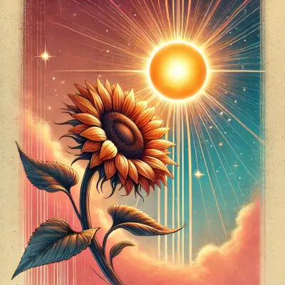 An illustration of a sunflower leaning toward the sun, which radiates bright light. The background features a blend of vibrant shades of pink, blue, and tan, creating a harmonious and serene atmosphere. The sunflower's detailed petals and leaves are beautifully illuminated by the sun's rays, symbolizing growth and warmth.