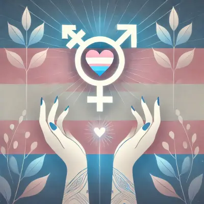 A stylized illustration featuring the transgender symbol with a heart in the center, overlaid on a transgender pride flag with colors pink, blue, and white. Two hands with intricate tattoos and painted nails reach up towards the symbol, with light rays and plants surrounding the scene. The image conveys themes of love, acceptance, and pride within the transgender community.