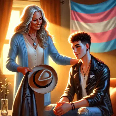 A heartwarming illustration of a supportive older woman with long silver hair, handing a leather jacket and a hat to a young person seated in a warmly lit room. The young person, who has short curly hair, and is wearing a black leather jacket, smiles gently while looking at the older woman. Behind them, a transgender pride flag hangs on the wall, symbolizing identity and pride. Sunlight streams in through the window, casting a soft glow on the scene, which conveys themes of mentorship, care, and emotional warmth.