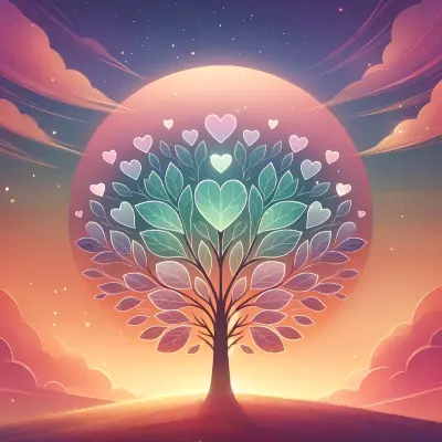 An enchanting illustration of a tree with heart-shaped leaves glowing against a vibrant sunset backdrop. The sky is filled with clouds in shades of pink, orange, and purple, symbolizing the beauty and growth of love.