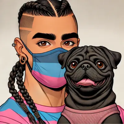 A person with braided hair, a geometric side shave, and piercings, wearing a mask that matches their blue, pink, and white striped shirt, holds a cheerful black pug wearing a pink vest. Both the person and the pug have a lively, expressive appearance, showcasing a strong bond and vibrant style.