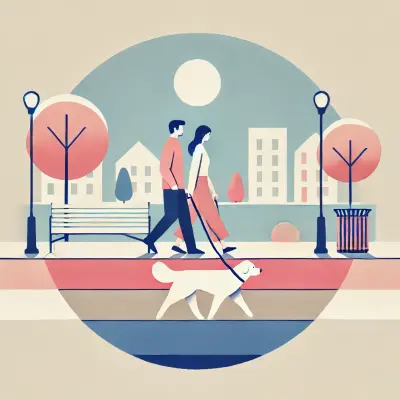 Illustration of a couple walking a dog in a park. They are passing by trees and benches under streetlights with a cityscape in the background. The color scheme includes soft shades of pink, blue, and beige, creating a calm and serene atmosphere.