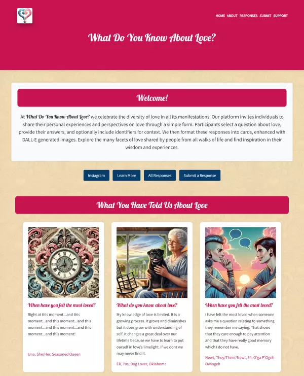 A screenshot of the 'What Do You Know About Love?' project. The interface showcases a colorful, responsive design with questions about love and user-submitted answers displayed as cards with matching images.