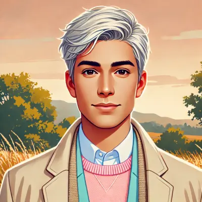 Illustration of a young person with white hair, wearing a beige coat and a pastel pink sweater, standing outdoors with a scenic background of trees, hills, and a sunset sky