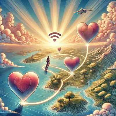 A highly detailed and surrealistic illustration featuring a person traveling across an ocean on a path made of interconnected hearts. The path symbolizes a journey of love and connection. Radiant sunrays light up the sky, and a Wi-Fi signal hovers above, symbolizing modern connection. The scene is framed by vibrant clouds, lush landscapes, and a small airplane flying in the distance, all in shades of pink, blue, tan, and white. The overall image evokes a sense of love bridging distances and connecting hearts across the world.