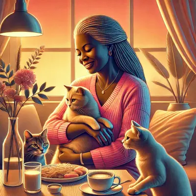 A heartwarming illustration of a Black woman with long locs, wearing a pink sweater, lovingly holding a cat in her arms. She is seated at a table with two other cats nearby, one perched on the table and the other sitting next to a meal of spaghetti and a cup of coffee. The setting features soft, warm lighting with shades of pink and orange from the sunset pouring through the window, creating a peaceful and cozy atmosphere.