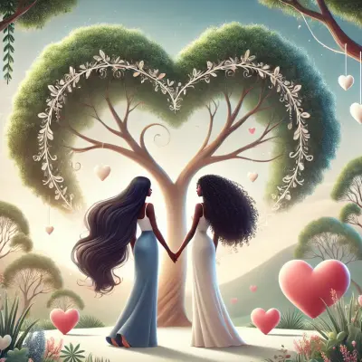 A serene, romantic illustration of two women holding hands, standing in front of a tree whose intertwined branches form the shape of a heart. One woman has long, straight hair, and the other has curly hair. Both are wearing flowing dresses, surrounded by nature with soft green trees and heart-shaped ornaments hanging from the branches. The scene is bathed in warm sunlight, creating a peaceful and loving atmosphere.